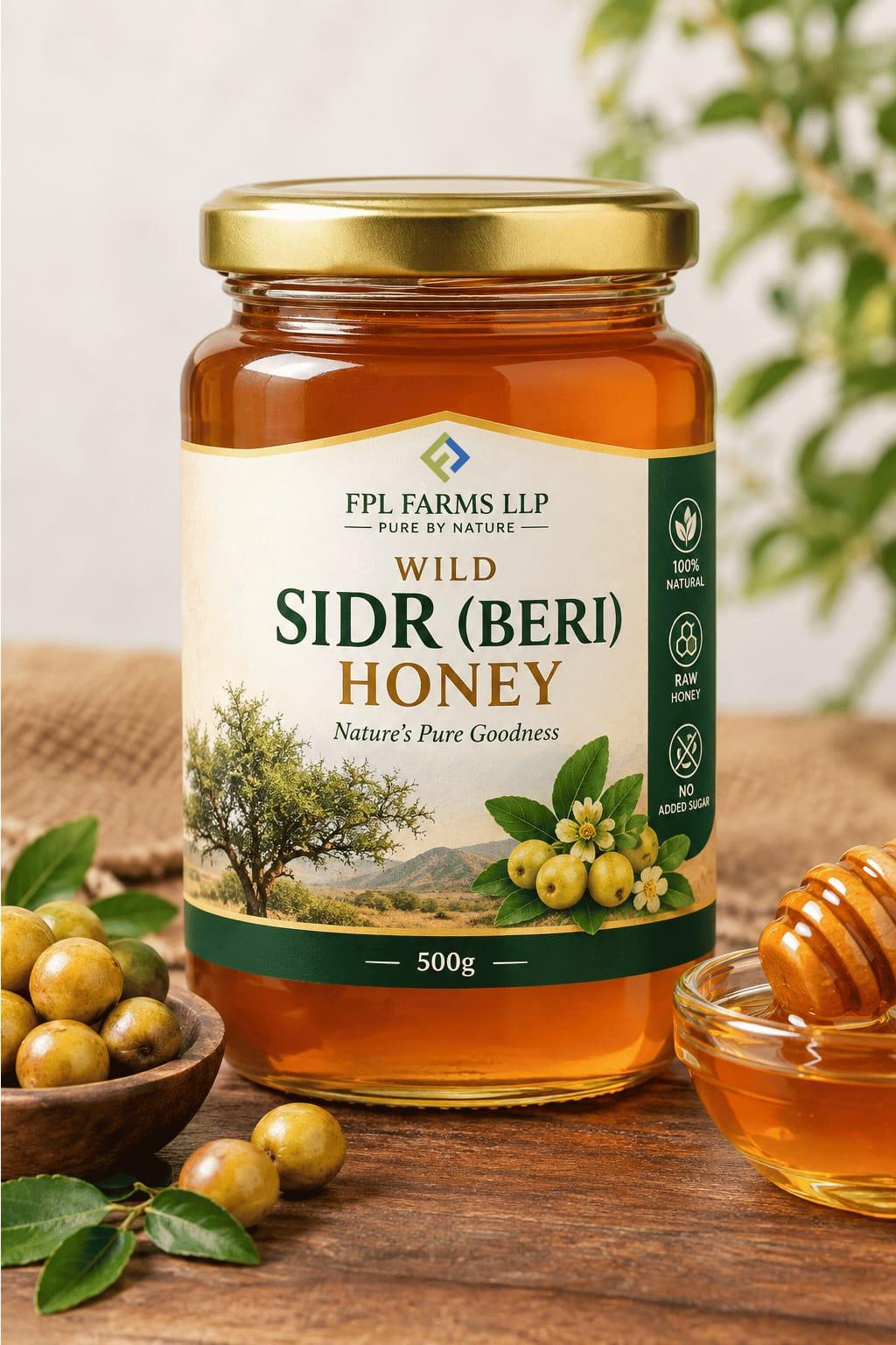 Jar of FPL Farms LLP Wild Sidr Honey with honeycomb and dipper
