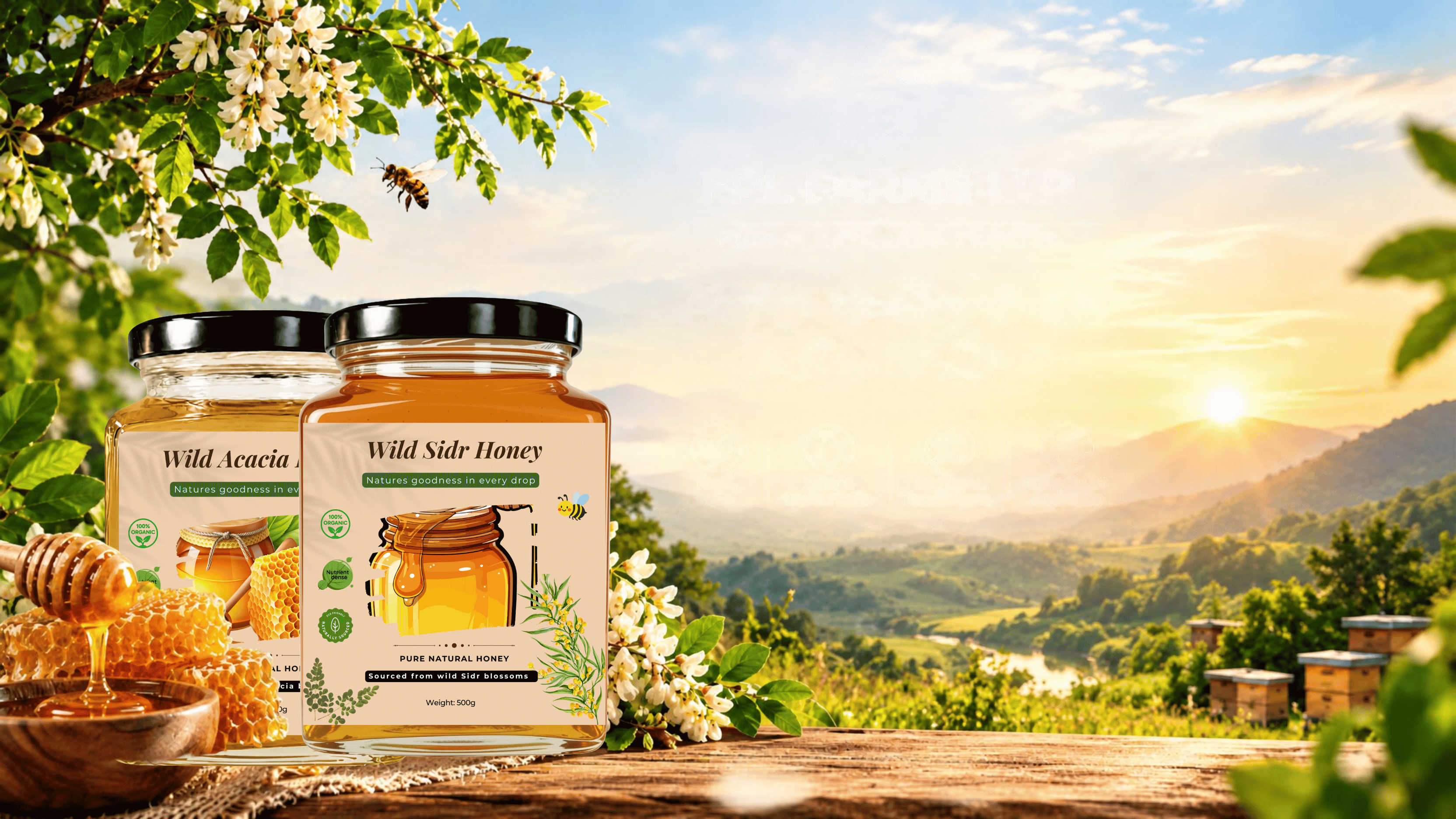 FPL FARMS LLP wild honey and desi ghee jars on a wooden table with a green KPK forest landscape behind